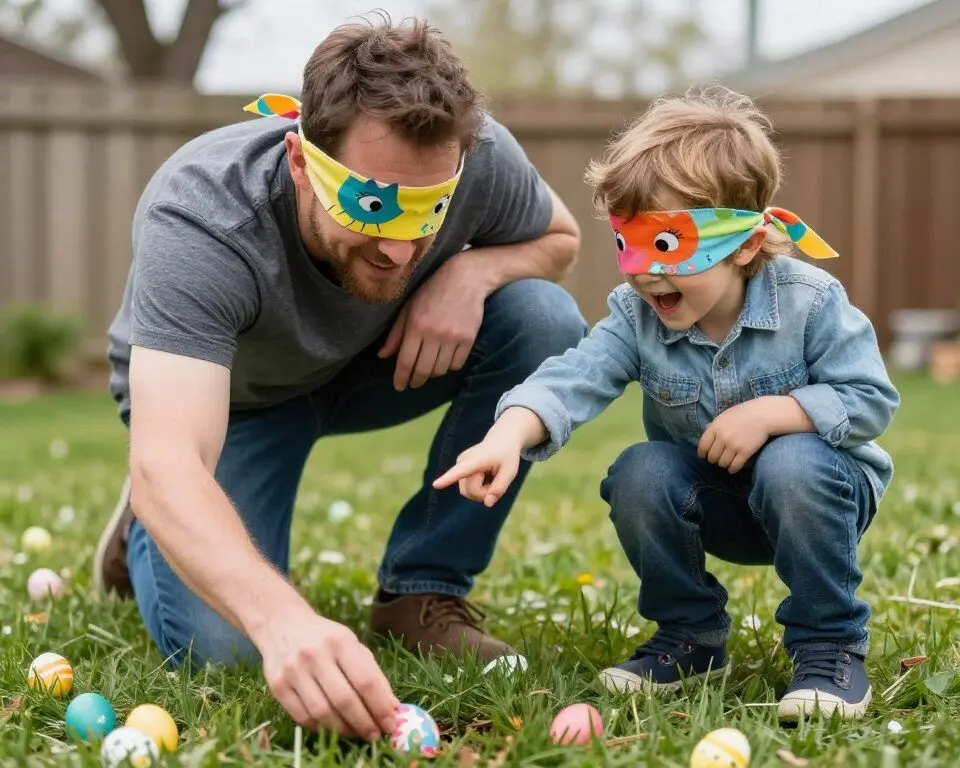Child guiding blindfolded adult during Easter egg hunt Child guiding blindfolded adult during Easter egg hunt