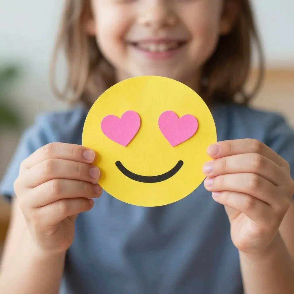 Child holding handmade yellow emoji squishy with heart eyes