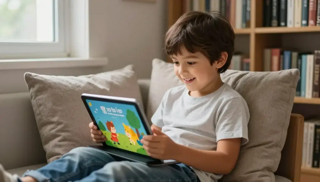Child reading interactive story on tablet with animated characters