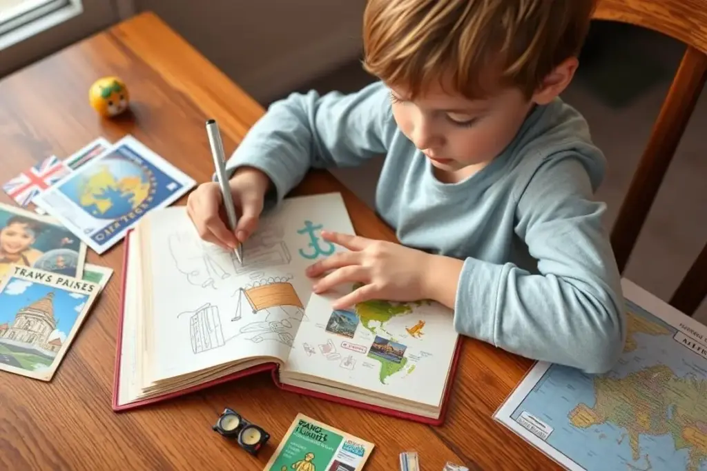 Child writing and drawing in travel journal with family vacation mementos