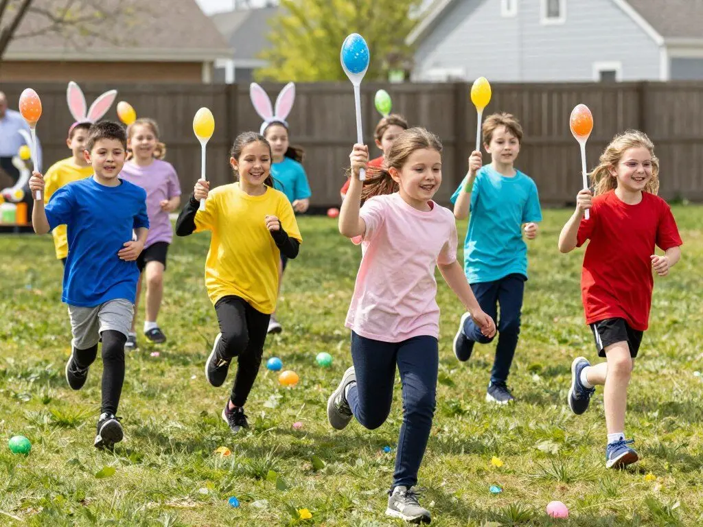Children competing in Easter egg relay race with spoons Children competing in Easter egg relay race with spoons