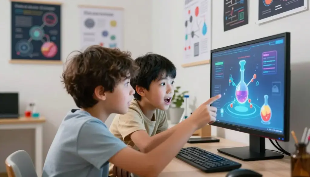 Children conducting virtual science experiment on interactive website