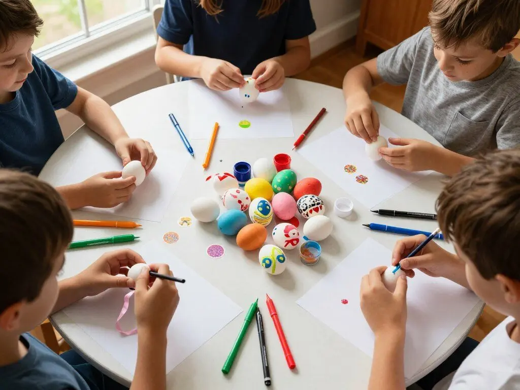 Children decorating plain Easter eggs with craft supplies Children decorating plain Easter eggs with craft supplies