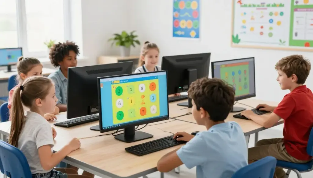 Children engaged with colorful interactive math games on computer screens