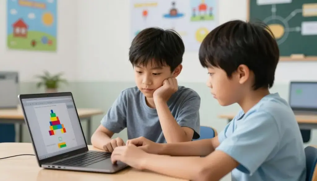 Children learning coding concepts through colorful block-based programming interface