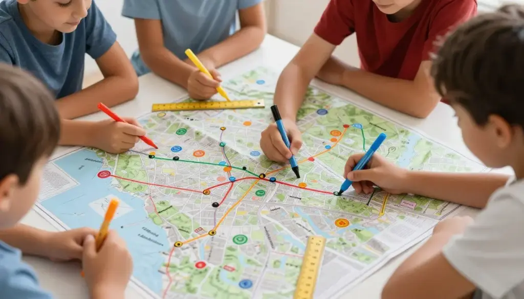 Children marking family vacation route on map with markers