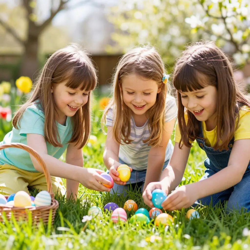 Children searching for Easter eggs in garden Children searching for Easter eggs in garden