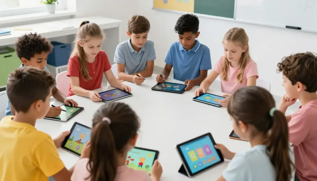 Children using educational apps on tablets for learning