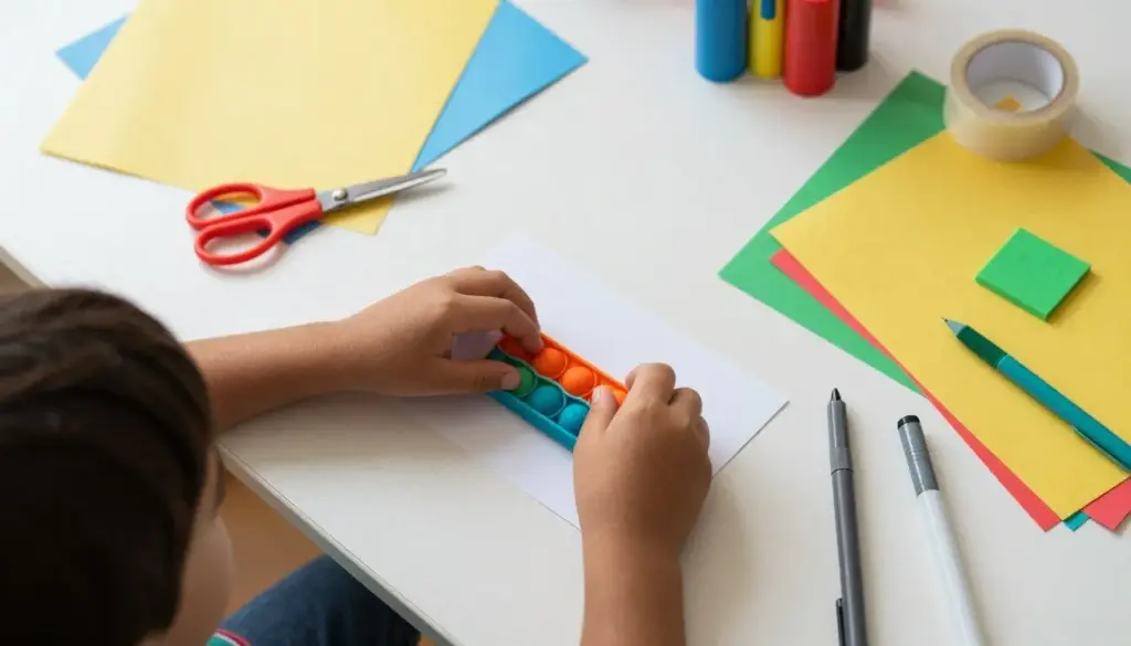 Child's hands working on making a paper squishy with craft supplies