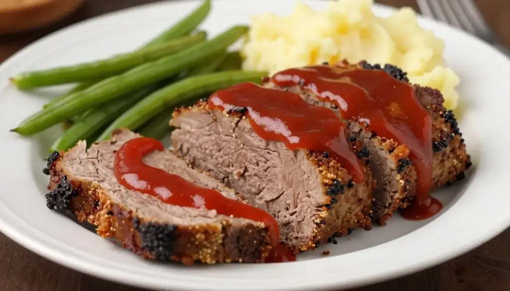 Classic homemade meatloaf sliced on a platter