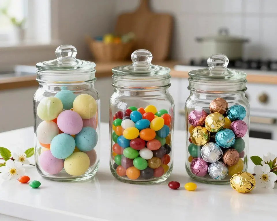 Clear glass jars filled with colorful Easter candy and chocolate eggs on kitchen counter