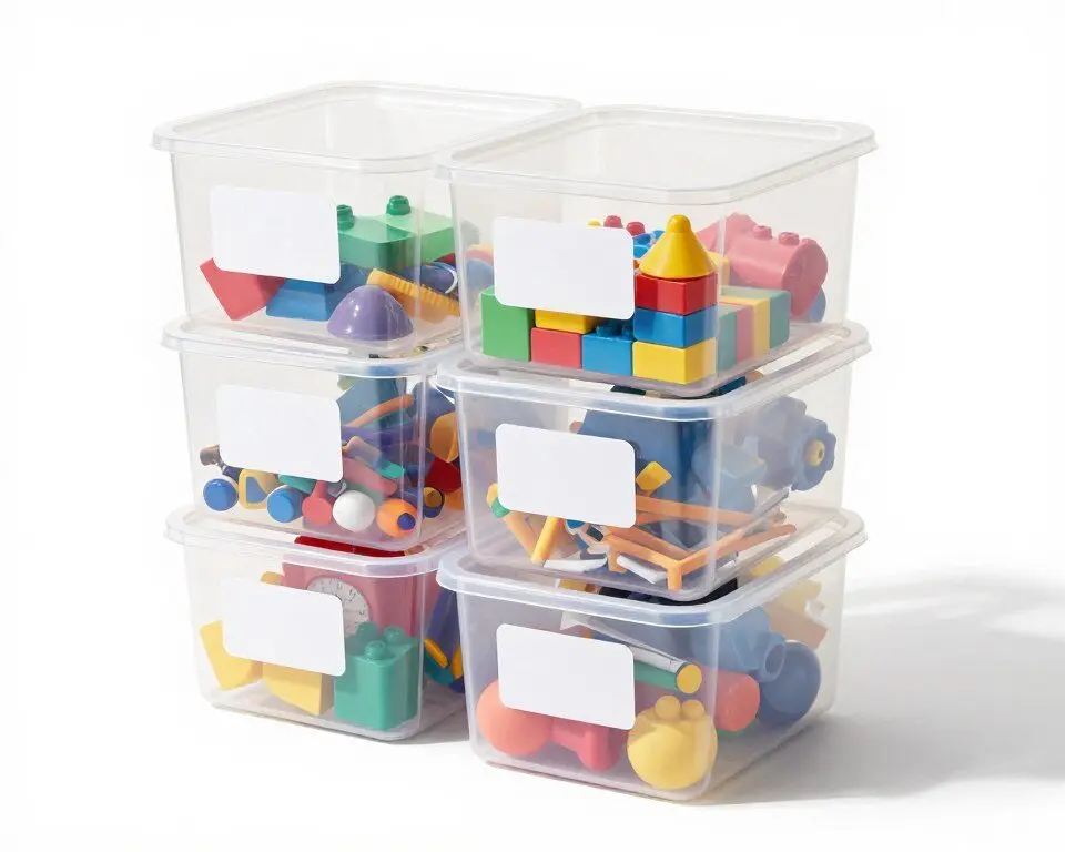 Clear labeled storage bins organizing children's toys and craft supplies