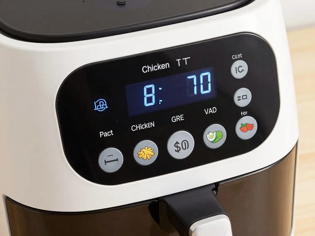 Close-up of an air fryer's digital control panel showing preset buttons and simple interface