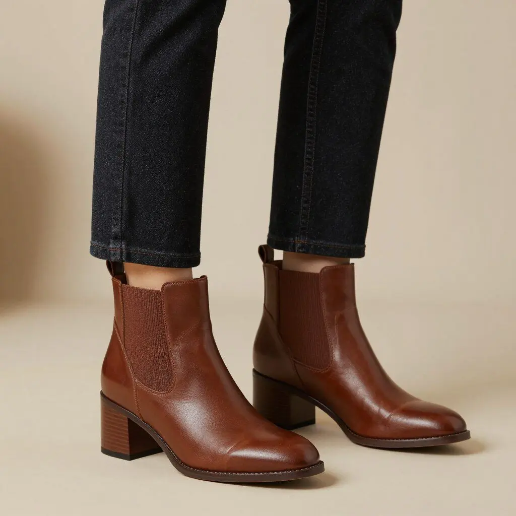 Close-up of stylish ankle boots paired with jeans