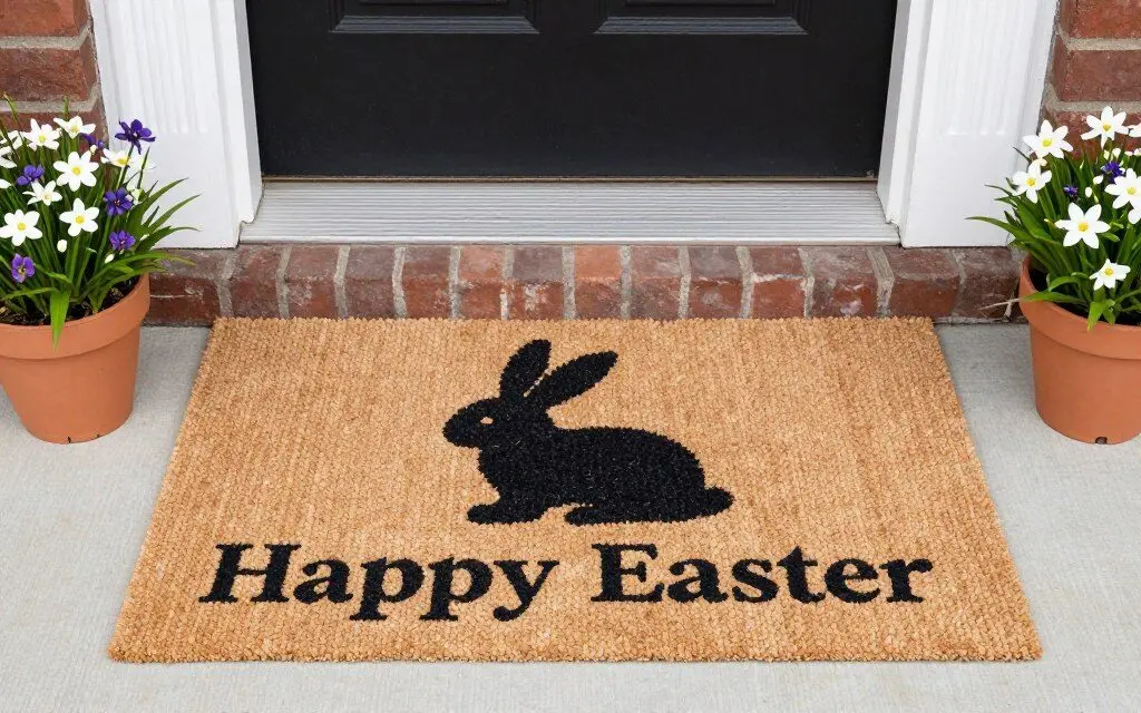 Coir doormat with Easter bunny design at front entrance