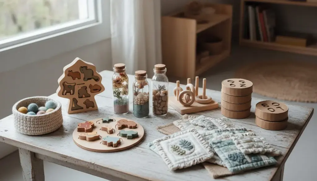 Collection of DIY Montessori toys made from natural materials arranged on a wooden table