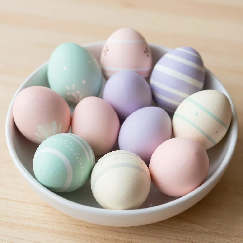 Collection of hand-painted wooden Easter eggs in pastel colors displayed in a ceramic bowl
