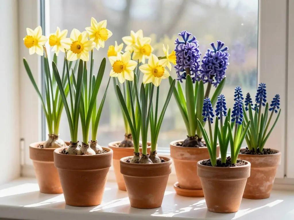 Collection of potted spring bulbs including daffodils and hyacinths on a windowsill