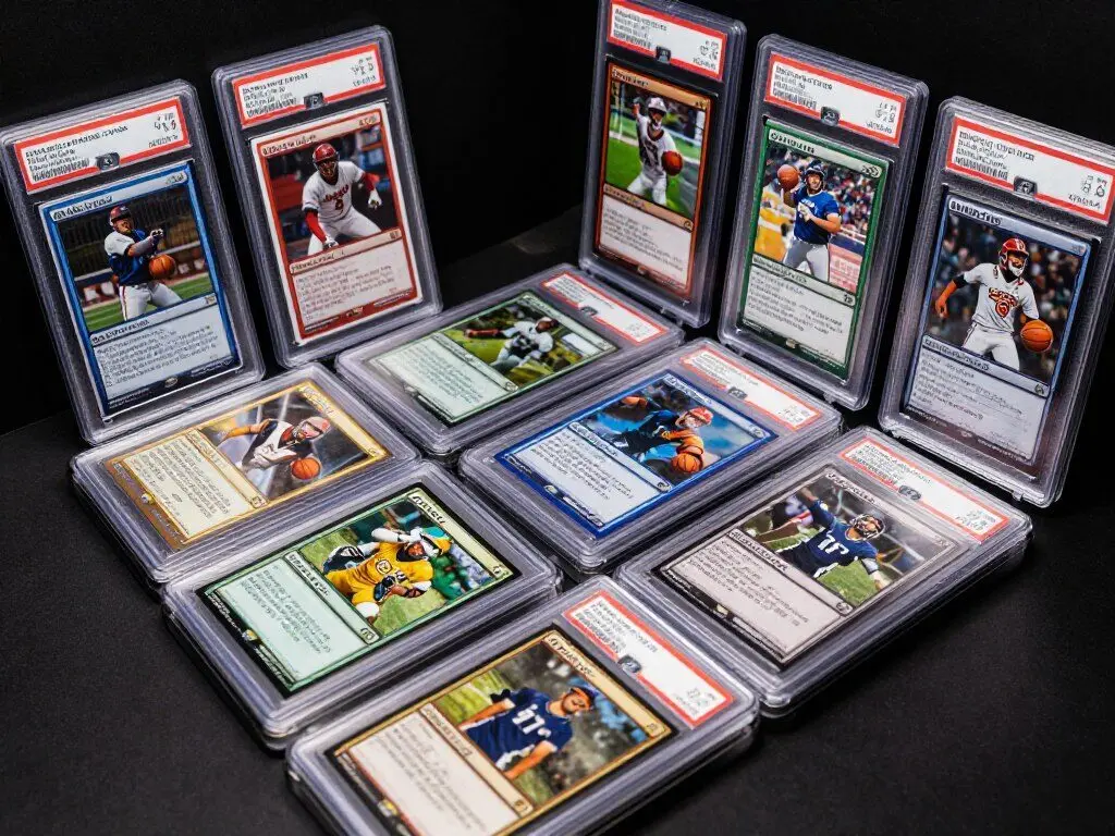 Collection of valuable trading cards including sports cards and collectible card games