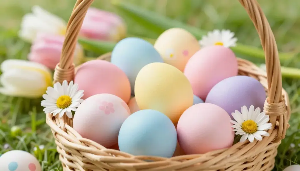 Colorful Easter eggs arranged in basket with spring flowers and decorations