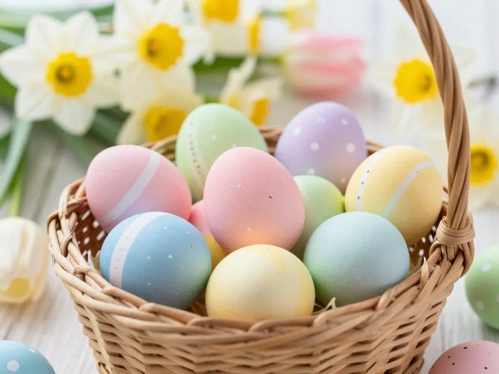Colorful Easter eggs in a basket with spring flowers