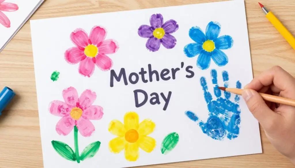 Colorful fingerprint flowers created by children on handmade card