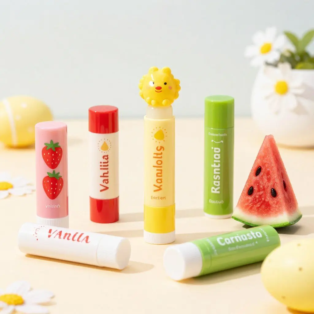 Colorful lip balm tubes with fun flavors for kids