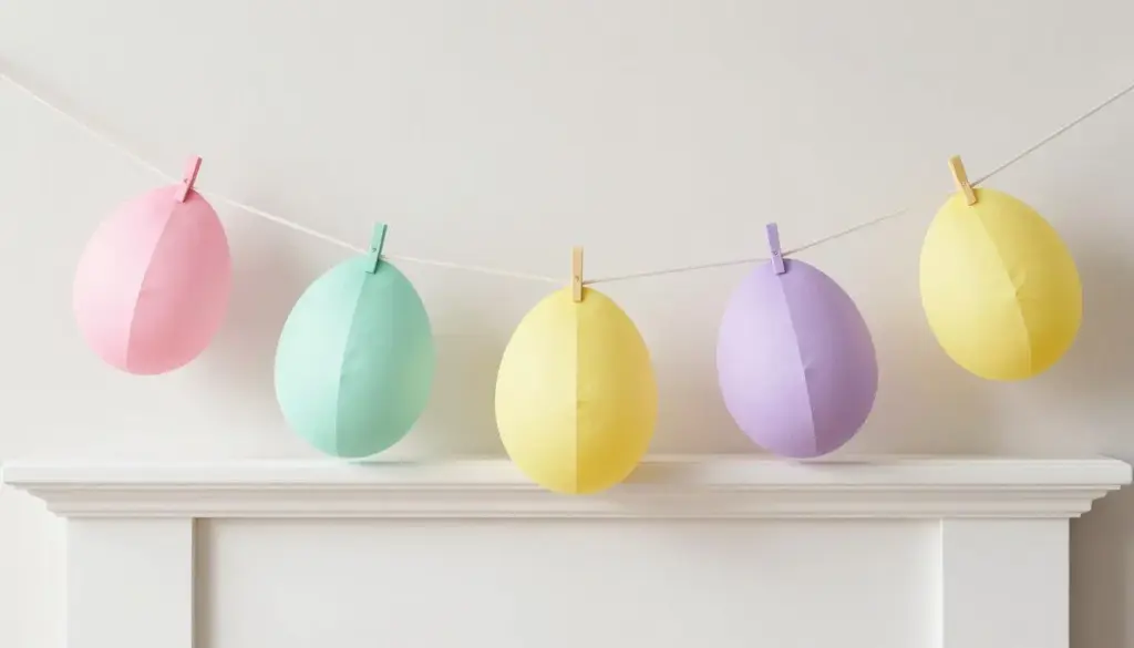 Colorful paper Easter egg garland hanging across a fireplace mantel