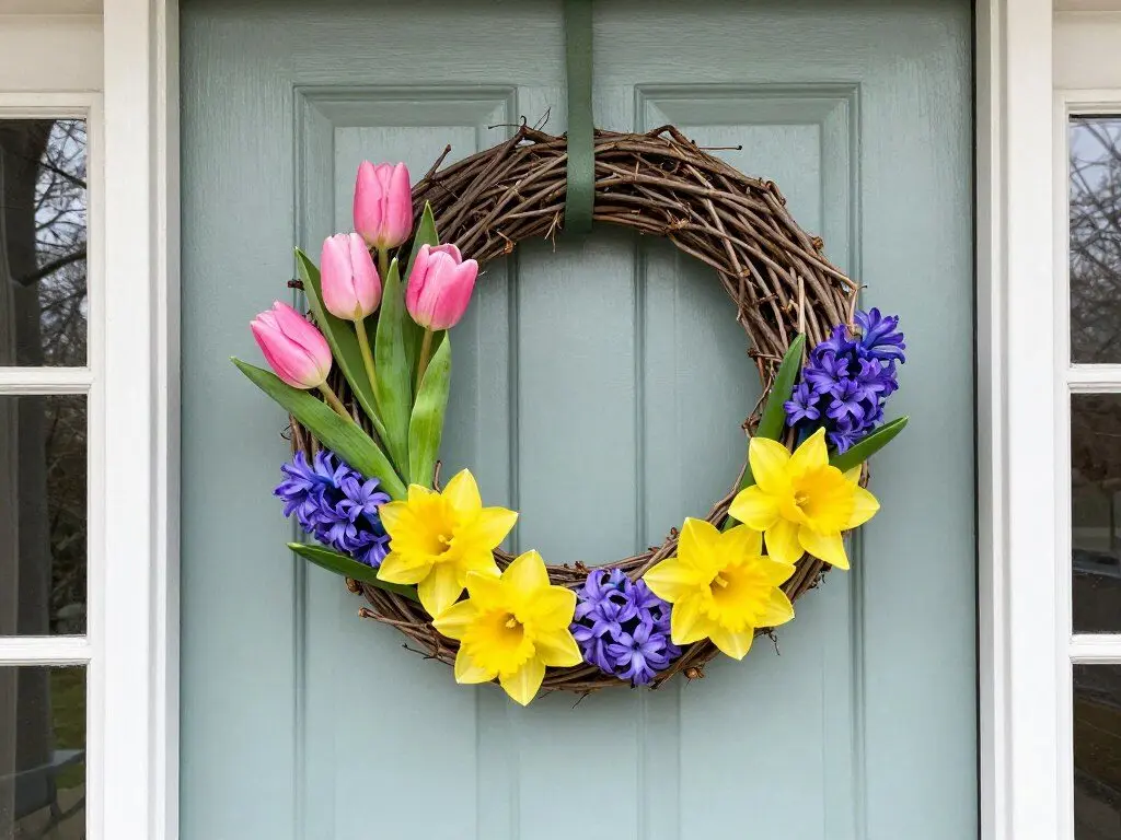 Colorful spring flower wreath hanging on a front door with fresh tulips and daffodils