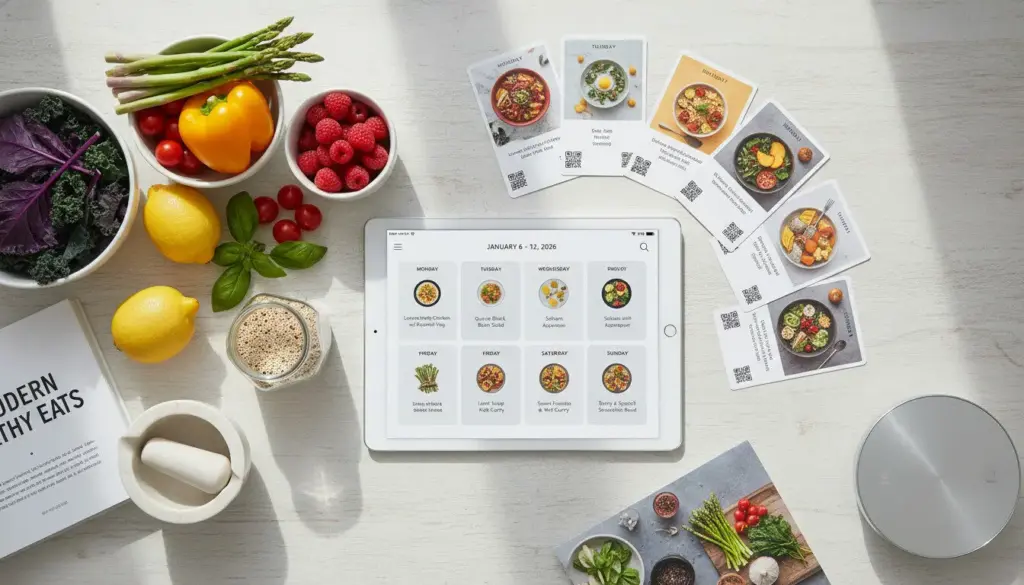 Colorful weekly meal plan 2026 layout with organized recipe cards and ingredients Colorful weekly meal plan 2026 layout with organized recipe cards and ingredients