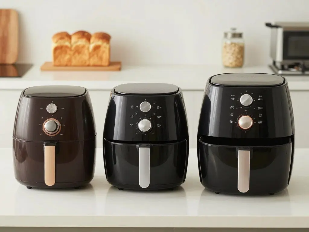Comparison of different air fryer sizes showing small, medium and large capacity models