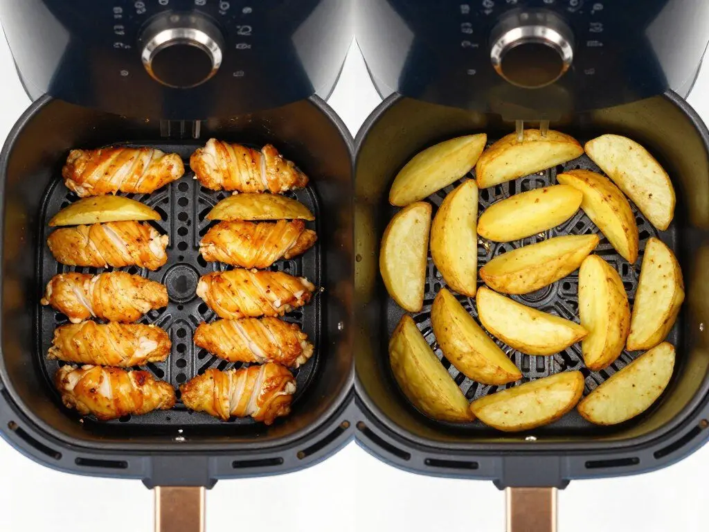 Comparison of properly spaced vs overcrowded food in air fryer baskets