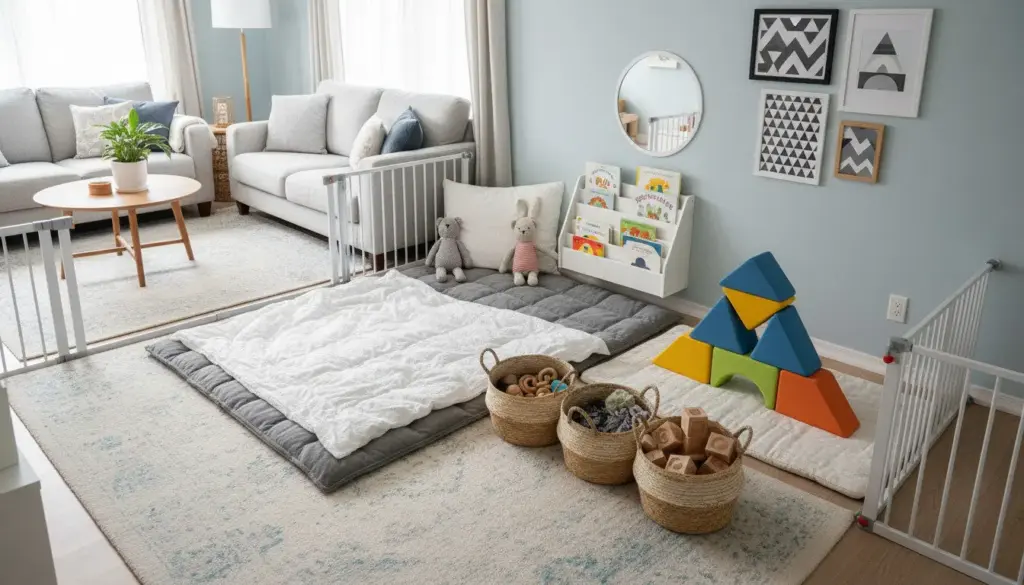 Complete DIY baby play area with multiple zones integrated in a living space