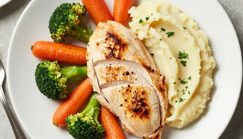 Complete dinner plate with baked chicken breast, roasted vegetables, and mashed potatoes