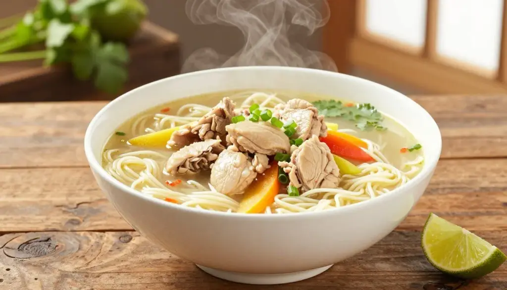 Complete recipe presentation of ginger garlic chicken noodle soup with all components visible in a beautiful serving bowl