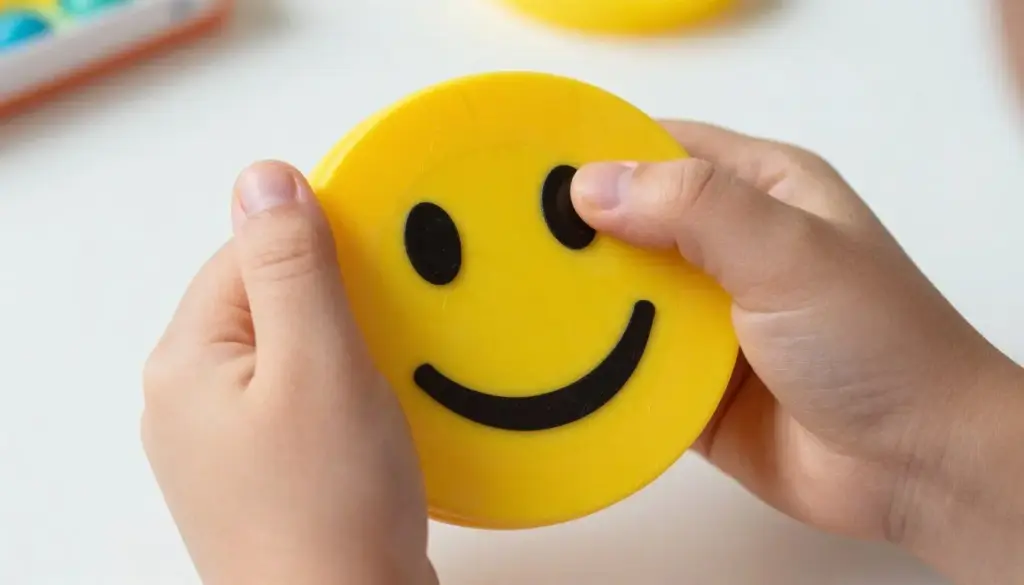 Completed paper squishy with emoji design being squeezed by child's hands