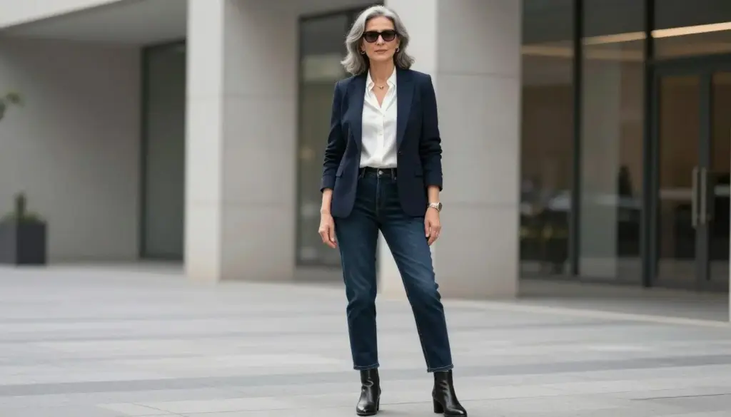 Confident woman over 50 wearing elegant modern outfit with blazer and jeans