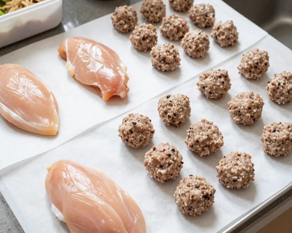 Cooked chicken breasts and meatballs portioned for freezing