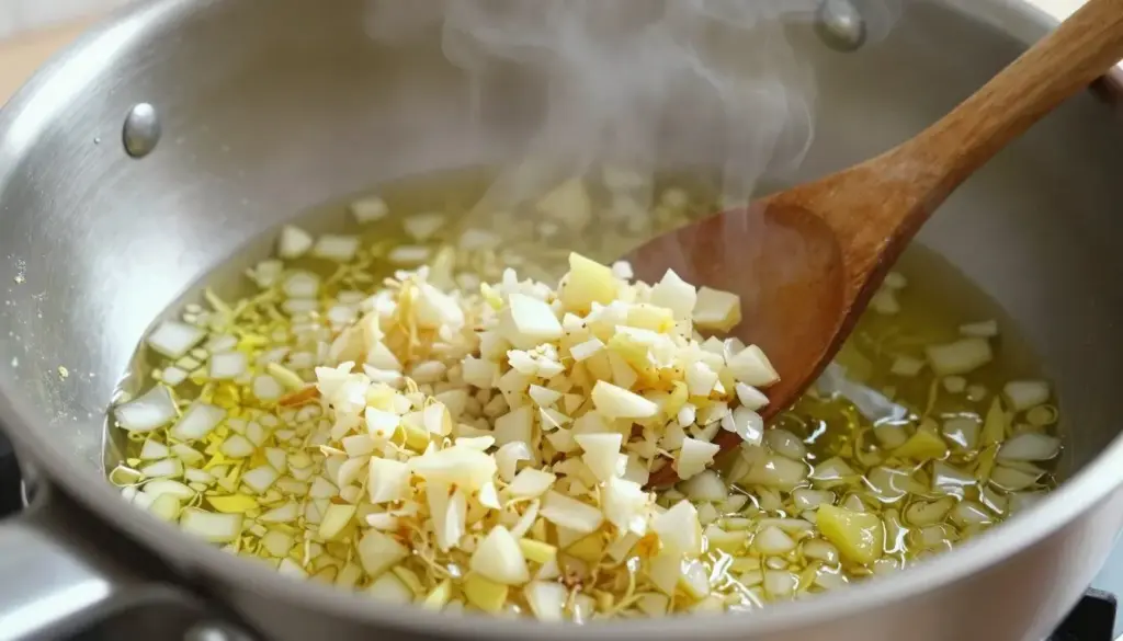 Cooking aromatics including ginger, garlic, and onions in a large pot with olive oil for chicken noodle soup base