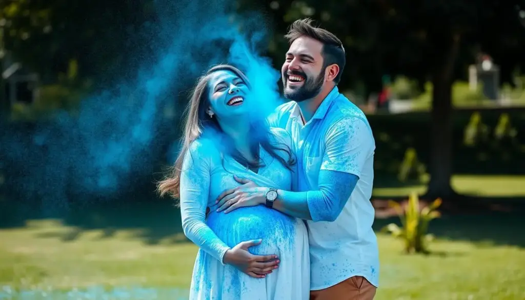 Couple covered in blue powder during outdoor gender reveal