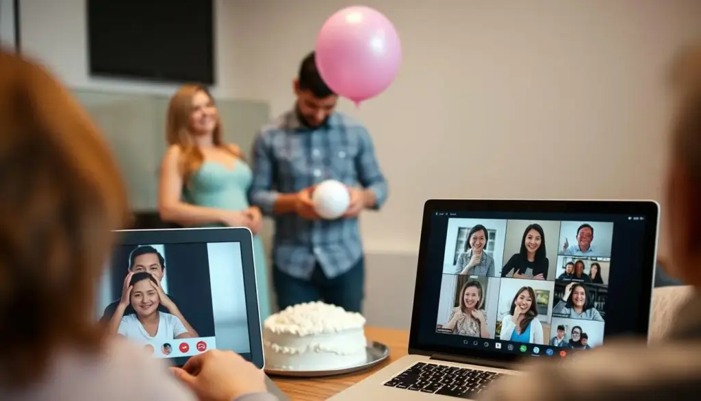 Couple doing gender reveal with family members watching on video call screens