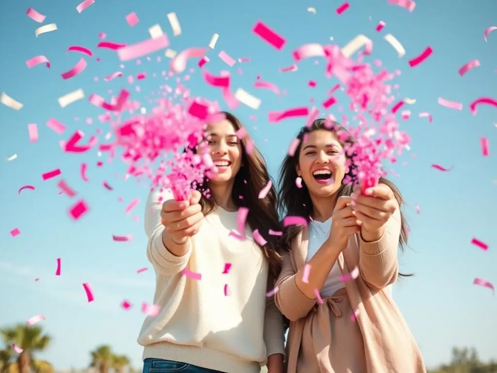 Couple firing pink confetti cannons outdoors during gender reveal celebration