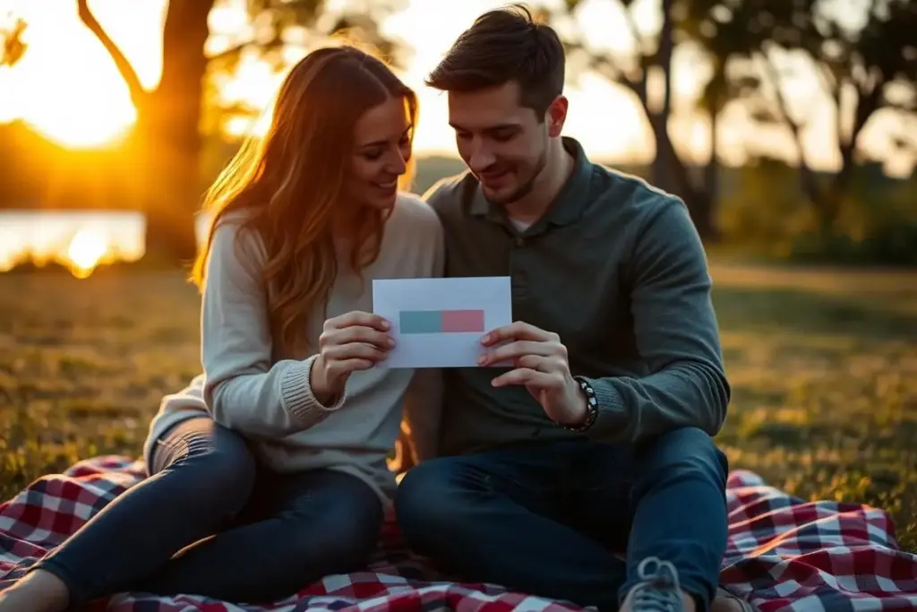 Couple opening sealed envelope with gender results during sunset picnic