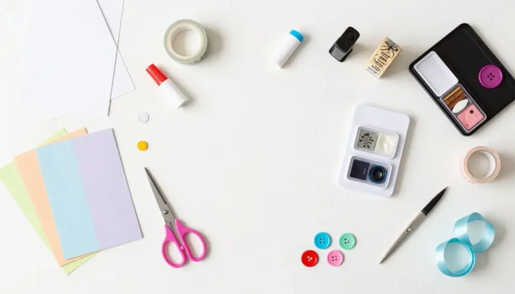 Craft supplies and tools arranged neatly for card making including scissors, glue, paper, and decorations