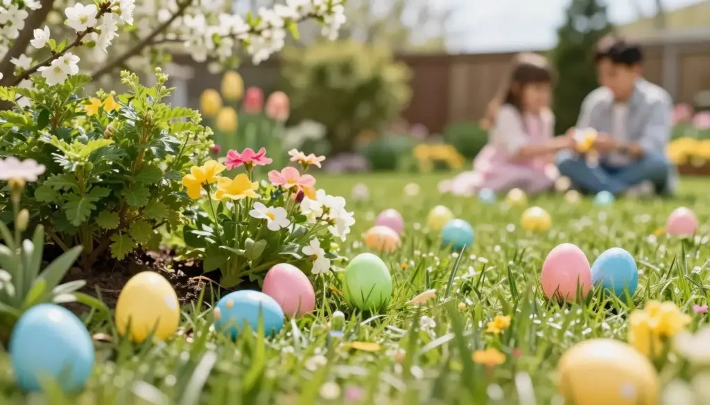 Creative Easter egg hunt ideas with colorful decorated eggs hidden in a spring garden