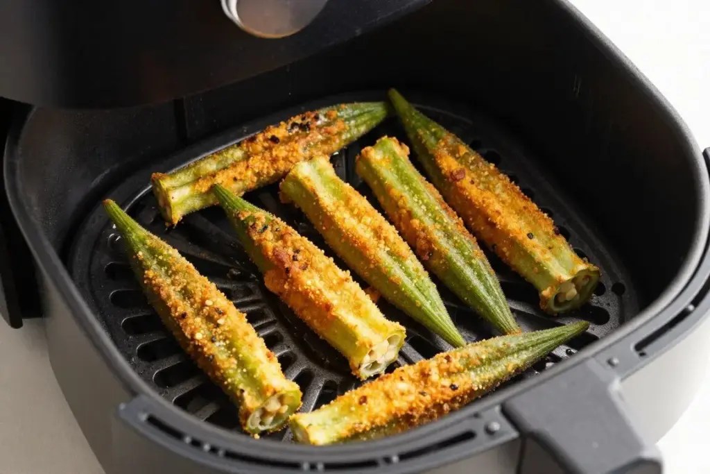 Crispy air fried okra with golden exterior and tender interior
