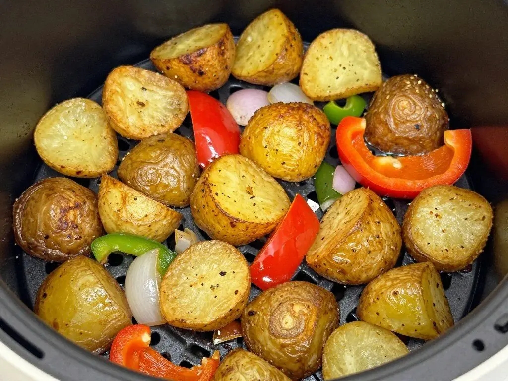 Crispy air fryer breakfast potatoes with peppers and onions