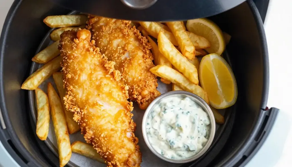 Crispy air fryer fish and chips with tartar sauce