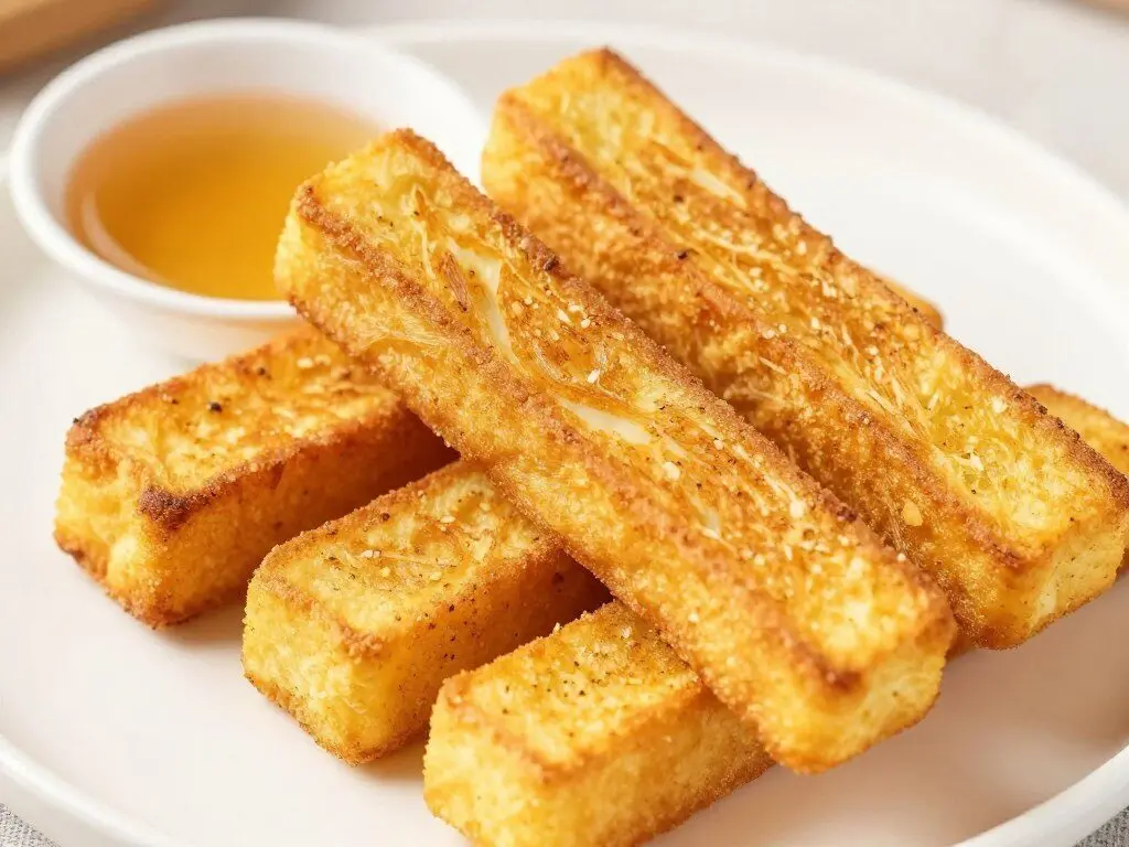 Crispy air fryer french toast sticks with maple syrup