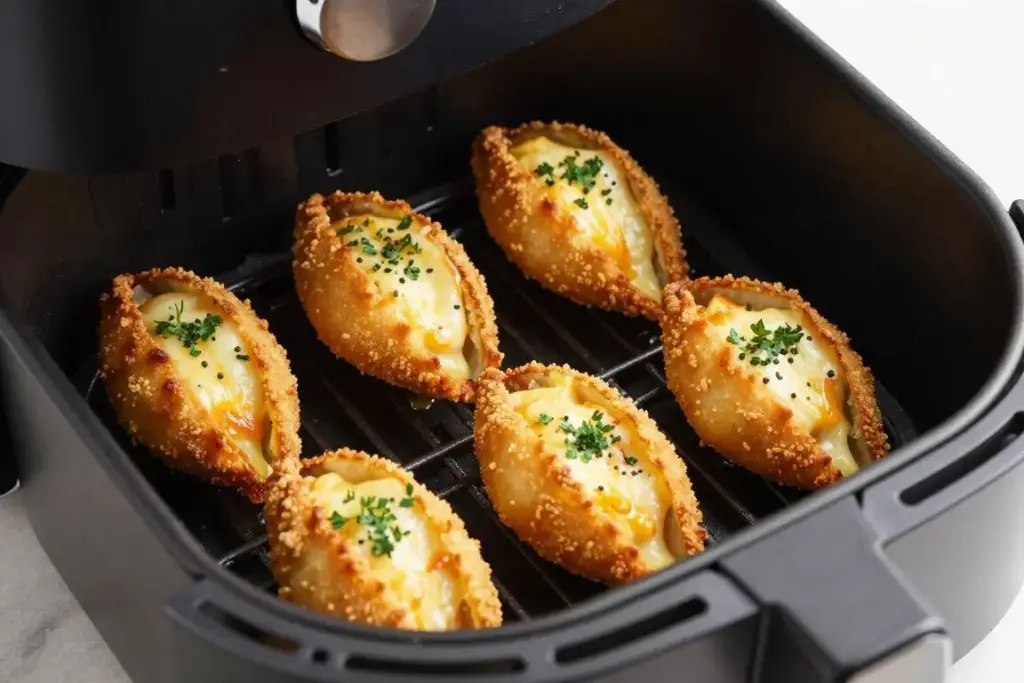 Crispy air fryer jalapeno poppers filled with cream cheese and wrapped in bacon